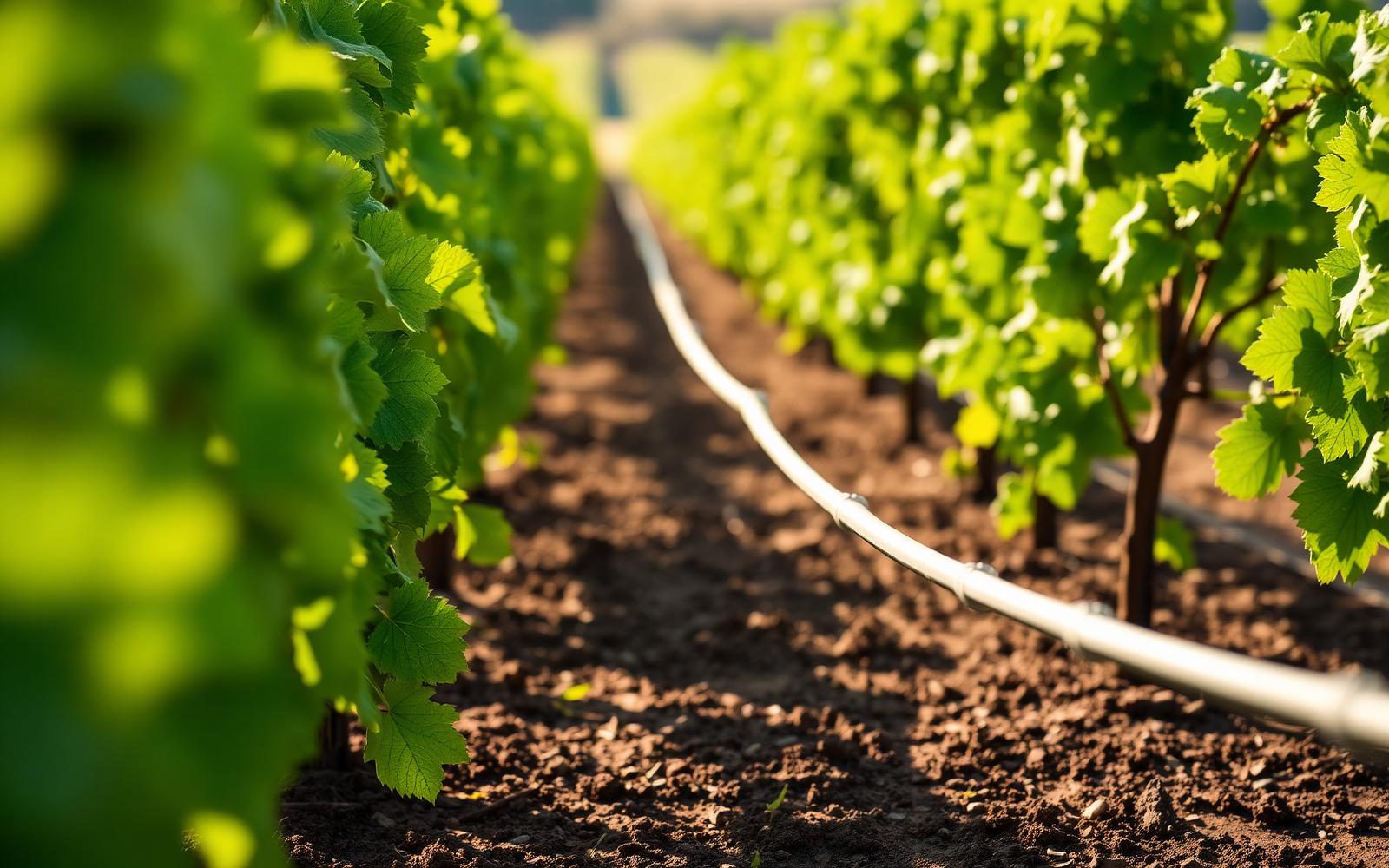 Drip irrigation lines through a healthy AMZA vineyard